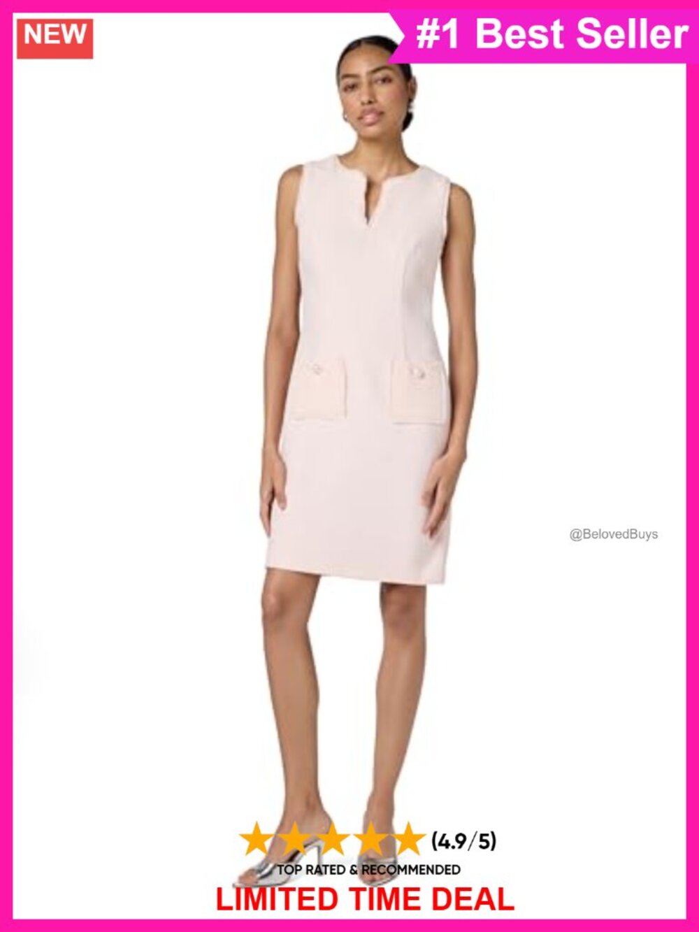 Tweed Shift Dress with Pockets Sleeveless V-Neck Office Business Casual